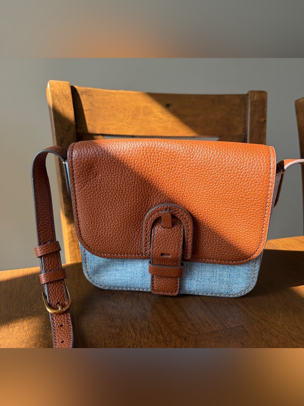 Fossil Leather and Denim Crossbody Bag in Cognac Brown